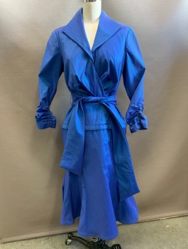 Womens, Cocktail Dress, TADASHI SHOJI, Cornflower Blue, Polyester, Nylon, Solid, Sz.4, Changeable Taffeta, 3/4 Sleeves with Ruched Cuffs, Surplice Neck with Pointed Lapel, Dropped Waist, Mermaid Below Knee Length Hem, Belt Attached to Waist
