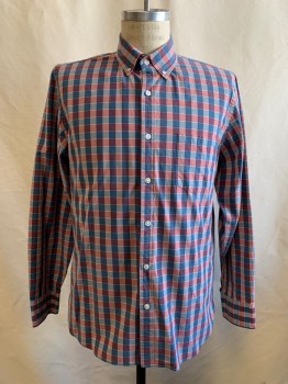 Mens, Casual Shirt, J. Crew, Blue, Red Burgundy, Red, White, Cotton, Check , M, Ll Button Front, Collar Attached, Chest Pocket