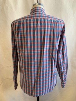 Mens, Casual Shirt, J. Crew, Blue, Red Burgundy, Red, White, Cotton, Check , M, Ll Button Front, Collar Attached, Chest Pocket