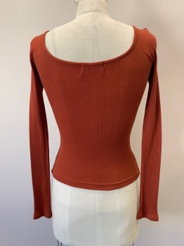 URBAN OUTFITTERS, Rust Orange, Synthetic, Solid, Square Neck, L/S, Ribbed, MULTIPLES