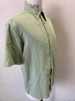 Mens, Casual Shirt, MILANO BAY, Lt Green, Olive Green, Rayon, Polyester, Plaid, S, Self Plaid, Short Sleeves, Button Front, Collar Attached, 1 Pocket,