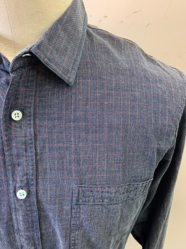 Mens, Casual Shirt, BILLY REID, Blue-Gray, Brick Red, Cotton, Plaid-  Windowpane, L, Long Sleeves, Button Front, 7 Buttons, Chest Pocket, Button Cuffs, Box Pleat in Back