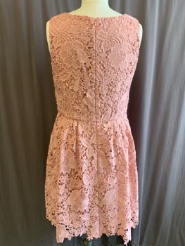 CE CE , Dusty Rose Pink, Polyester, Floral, Solid, Round Neck, Slvls, Pleats At Waist, Back Zip, Hem At Knee, Floral Cut Out Fabric Over Solid