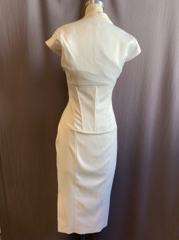 Womens, Cocktail Dress, KAREN MILLEN, Ivory White, Black, Silk, Synthetic, Solid, 8, Square Neck, Short Sleeves, Black Beading and Stones at Bust, Side Zipper, Corseted Waist