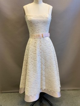 Womens, Cocktail Dress, A.B.S. EVENING, Cream, Blush Pink, Polyester, Nylon, Sz.4, Cream Lace Over Blush Pink Satin, Spaghetti Straps, Blush Pink Grosgrain Ribbon Waistband with Bow at Side Front, A-Line Skirt with Tulle Underneath for Volume, Hem Below Knee