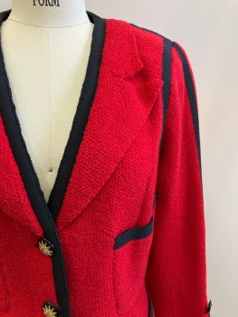 N/L, Red, Black, Wool, Solid, C.A., Peaked Lapel, B.F., L/S, 4 Pckts, Black Trim