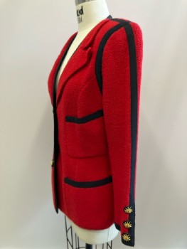 N/L, Red, Black, Wool, Solid, C.A., Peaked Lapel, B.F., L/S, 4 Pckts, Black Trim