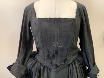 MTO, Black, Cotton, Solid, BODICE-Aged, Square Neck, 3/4 Sleeves Cuffed, Boned Corset, Lace Up Back