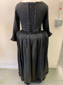 Womens, Historical Fict 2 Piece Dress, MTO, Black, Cotton, Solid, W30+, B38+, BODICE-Aged, Square Neck, 3/4 Sleeves Cuffed, Boned Corset, Lace Up Back