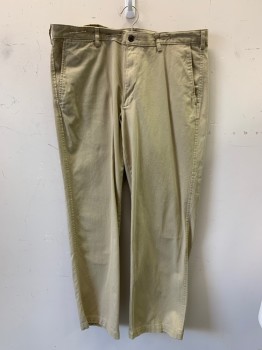 Mens, Casual Pants, LANDS END, Khaki Brown, Cotton, Solid, 38/30, F.F, Side Pockets, Zip Front, Belt Loops
