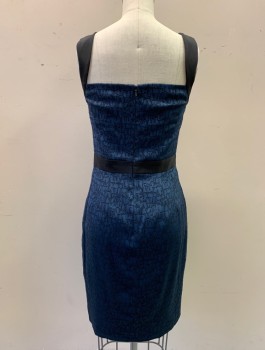 Womens, Cocktail Dress, JAY GODFREY, Midnight Blue, Black, Polyester, Rayon, Abstract , 2, Abstract Pebble Pattern, Square Neck, Solid Black Triangular Straps, Solid Black Waistband, Zip Back, Knee Length