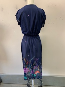 N/L, Navy Blue, Multi-color, Polyester, Floral, Cowl-Neck, Cap Sleeves,  Elastic Waist, Slits on Sides, Lilac, Red, Purple, Green, and White Flowers Concentrated At Hem, Knee Length