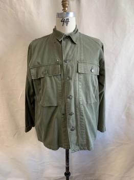 Mens, Jacket, Military Uniform, AT THE FRONT , Olive Green, Cotton, Herringbone, L, "Herringbone Twill"  Jacket, C.A., Button Front, 2 Pockets, *Faded