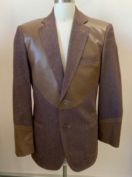 Mens, Suit, Jacket, IL CANTO, Brown, Off White, Goldenrod Yellow, Cotton, Leather, Heathered, 34/36, 40L, Sport-coat, 2 Buttons Single Breasted, Notched Lapel, 3 Pockets, Stitching Detail