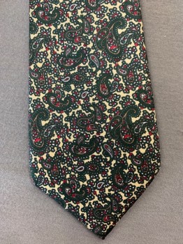 Mens, Tie, LEW RITTER, Dk Green, Red, White, Lt Yellow, Taupe, Silk, Paisley/Swirls, O/S, Four in Hand