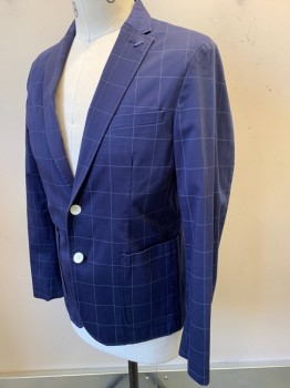 Mens, Sportcoat/Blazer, ZARA MAN, Navy Blue, Gray, Cotton, Plaid - Tattersall, 38R, Single Breasted, Notched Lapel, Slim Fit, 2 White Buttons, 3 Pockets, No Lining