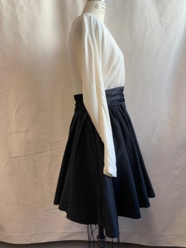 Womens, Dress, Long & 3/4 Sleeve, HALSTON, Cream, Black, Polyester, Color Blocking, 6, V-neck, Black Pleated Waist, Pleated Flare Skirt, Dolman Sleeve