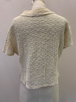 NO LABEL, Cream, Cotton, Swirl , S/S, Button Front, Collar Attached, Pleated Front, Crochet, Pink Stains