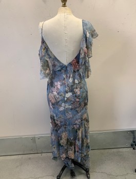 Womens, Dress, Sleeveless, NICHOLAS, French Blue, Multi-color, Silk, Polyester, Floral, S, V-N, Back Zipper, Ruffle Down Neck and Back, Cream and Beige Floral Pattern