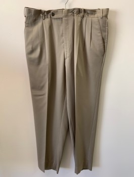 Mens, Slacks, ZINOTTO, Dk Khaki Brn, Wool, Solid, L31, W36, Zip Front, Button Closure, Pleated Front, 4 Pockets, Creased