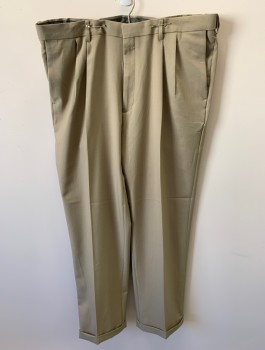 Mens, Slacks, HAGGAR, Khaki Brown, Polyester, Solid, L32, W40, Zip Front, Hook Closure, Pleated Front, 4 Pockets, Cuffed, Creased