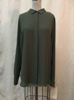 APT 9, Olive Green, Polyester, Solid, Dark Green, Button Front, Collar Attached, Long Sleeves,