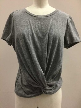 Aqua, Heather Gray, Cotton, Synthetic, Heathered Gray, Knotted Center Front, Crew Neck, Short Sleeve,