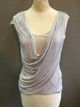 CLUB MONACO, Lt Gray, Rayon, Solid, Jersey, Sleeveless, Low Slung Surplice/Wrap Outer Layer with Scoop Neck Inner Layer, 2 Cut Out Slits At Center Back Seam
