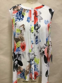 CECE, White, Blue, Black, Red, Yellow, Polyester, Floral, White W/blue, Black, Gray, Red, Yellow, Olive Large Floral Print, Round Neck W/trim and Pleat Front Center, Sleeveless, Spa