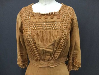 N/L, Caramel Brown, Cotton, Solid, Lace Inserts and Appliqué, 1/2 Sleeve, Hook & Eyes Closures, Hem Has Been Let Out,