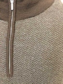 Mens, Pullover Sweater, JOSEPH LYMAN, Brown, Gray, Wool, Zig-Zag , Solid, L, Brown & Gray Zig Zag Patterned Front with Solid Brown Sleeves, Back, & Moc Turtleneck, Zip Up Placket