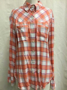 Ace Delivery, Orange, Hot Pink, Cream, Beige, Gray, Rayon, Plaid, Button Front, Collar Attached,  Long Sleeves, 2 Pockets,