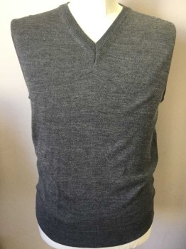 Mens, Sweater Vest, BLUE SEVEN, Gray, Acrylic, Wool, Solid, M, V-neck, Pullover,