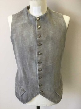 Mens, Historical Fiction Vest, N/L, Gray, Lt Blue, Cotton, Stripes - Vertical , 40, Gray with Faint Light Blue Stripe, Single Breasted, 10 Silver Metal Buttons at Front, Round Neck,  2 Flap Pockets at Hips, Beige Cotton Lining, Tab Detail at Back Hem, Lightly Aged Throughout, Made To Order