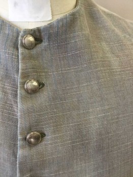 N/L, Gray, Lt Blue, Cotton, Stripes - Vertical , Gray with Faint Light Blue Stripe, Single Breasted, 10 Silver Metal Buttons at Front, Round Neck,  2 Flap Pockets at Hips, Beige Cotton Lining, Tab Detail at Back Hem, Lightly Aged Throughout, Made To Order