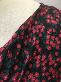 VELVET, Black, Cherry Red, Forest Green, Lavender Purple, Rayon, Floral, Black with Cherry Red Flowers with Dark Green Leaves, Lavender Dot Centers, Cap Sleeves, Notched Round Neck