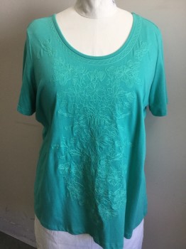 LAURA SCOTT, Mint Green, Cotton, Floral, Mint Green with Floral Embroidery & Cable Stitches Along Scoop Neck, Cap Sleeves,