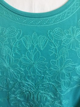 Womens, Top, LAURA SCOTT, Mint Green, Cotton, Floral, XL, Mint Green with Floral Embroidery & Cable Stitches Along Scoop Neck, Cap Sleeves,