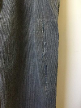 N/L, Navy Blue, Cream, Cotton, Stripes, Railroad Stripe Denim. High Waisted, Button Fly. Repaired Hole at Left Knee. Hole at Bottom Left Leg, No Hem, Raw Edge. Aged/Distressed, Old West / Working Class Made To Order