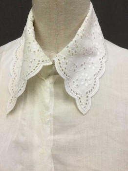 MTO, Ivory White, Cotton, Solid, Sheer Ivory, Snap Front, Eyelet Lace Collar, Long Sleeves, Gathered Cuffs, Fagot Trim on Cuffs,