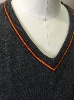 Mens, Pullover Sweater, N/L, Gray, Wool, Polyester, Solid, L, Harry Potter Sweater, Gray, V-neck, Red/yellow Stripe Around Collar/Waist, Ribbed Knit Neck/Cuff/Waistband, Multiples,