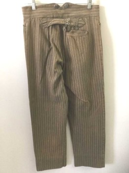 WAH MAKER, Brown, Tan Brown, Cotton, Stripes - Pin, Stripes - Vertical , Brown with Tan Vertical Stripes of Assorted Widths, Cotton Duck/Canvas, Button Fly, Metal Suspender Buttons with "WAH MAKER" Logo Embossed at Outside Waist, 4 Pockets (Including 1 Watch Pocket, and 1 Welt Pocket in Back) Belted Back, Reproduction "Old West" Wear