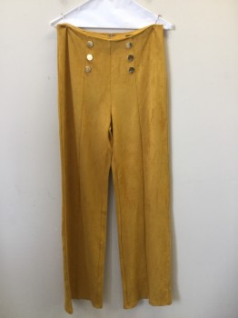 PRIVY, Mustard Yellow, Synthetic, Solid, Synthetic Stretch Ultra Suede with 6 Large Gold Buttons at Faux Barndoor Front. Zipper Center Back,