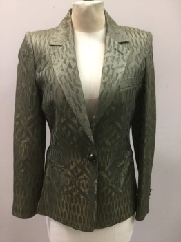 Womens, Blazer, ETRO, Olive Green, Gold, Synthetic, Geometric, 6, Single Breasted, 1 Button, Collar Attached, Notched Lapel, 3 Pockets, Side Slits