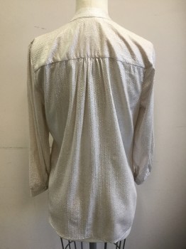 H&M, Taupe, Silver, Polyester, Speckled, Button Front, Band Collar, 3/4 Sleeves,