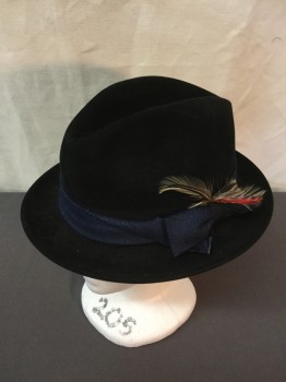 Mens, Fedora, STEFANO, Black, Navy Blue, Solid, L, Black, Sparkly Navy Band, Colorful Heather