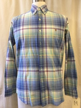 RALPH LAUREN, Black, Green, Yellow, Faded Red, Cotton, Plaid, Button Down Collar, Long Sleeves