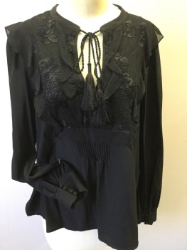 6, Black, Silk, Solid, 3/4" Trim Crew Neck, with Rope & Tassels Neck Tie, Floral Embroidery Yoke Front with Ruffle and Vertical Pleat, Long Sleeves with Horizontal Quilt Cuff & 4 Self Cover Buttons, Side Split