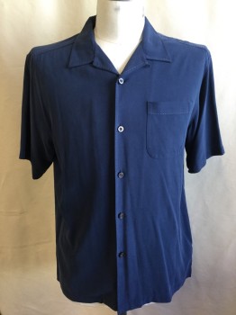 TOMMY BAHAMA, Navy Blue, Silk, Solid, Collar Attached, Button Front, Short Sleeves, Pocket