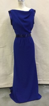 ARMANI, Royal Blue, Polyester, Beaded, Solid, Bateau/Boat Neck, Sleeveless, Back Zipper, Bugal Beaded Arms eyes and Waistband, Gored in Back Floor Length